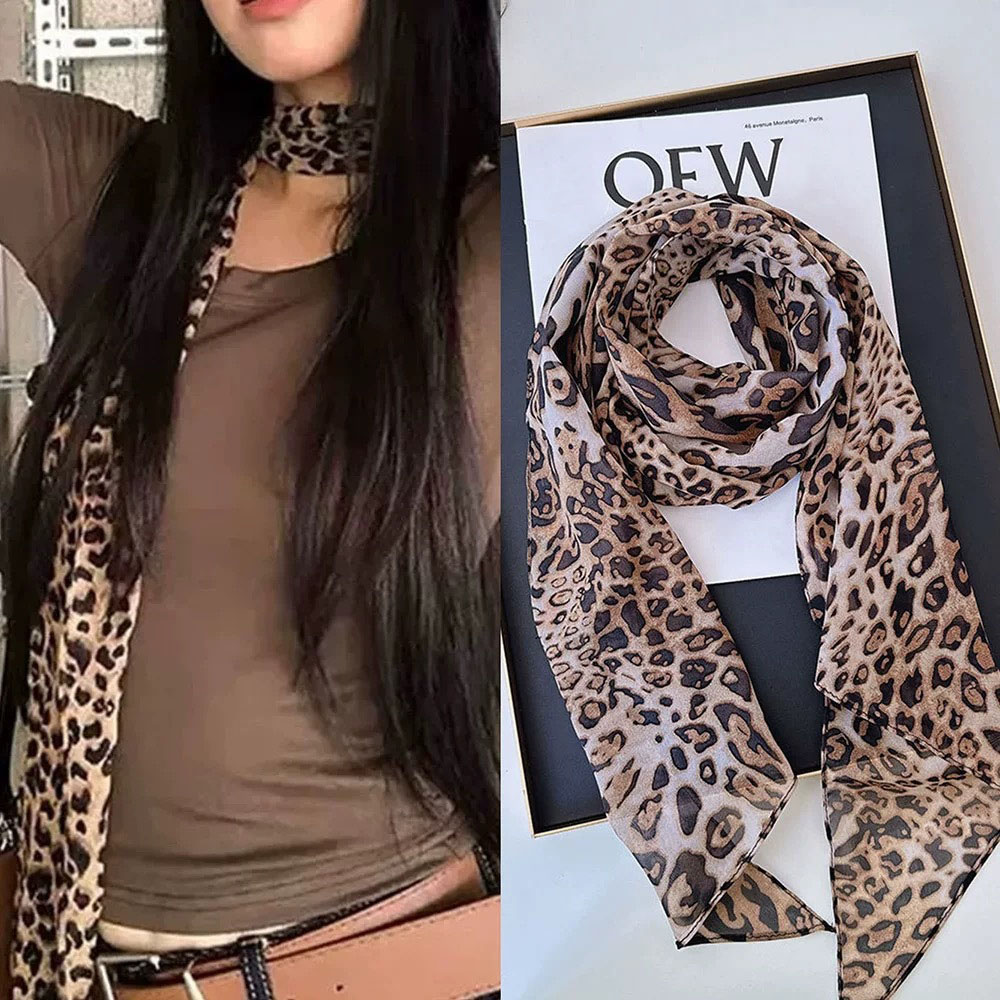 Leopard Small Long Silk Scarf  - Ascot Neck Scarf 评论和价格